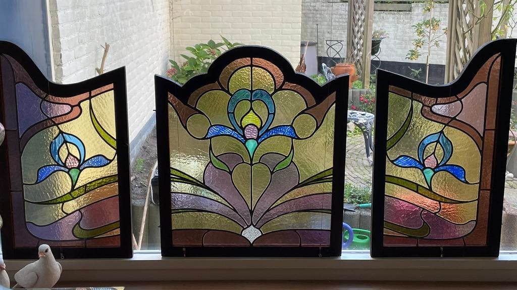 Origineel Art Nouveau glas in lood drieluik, Antiek en Kunst, Antiek | Glas en Kristal, Ophalen