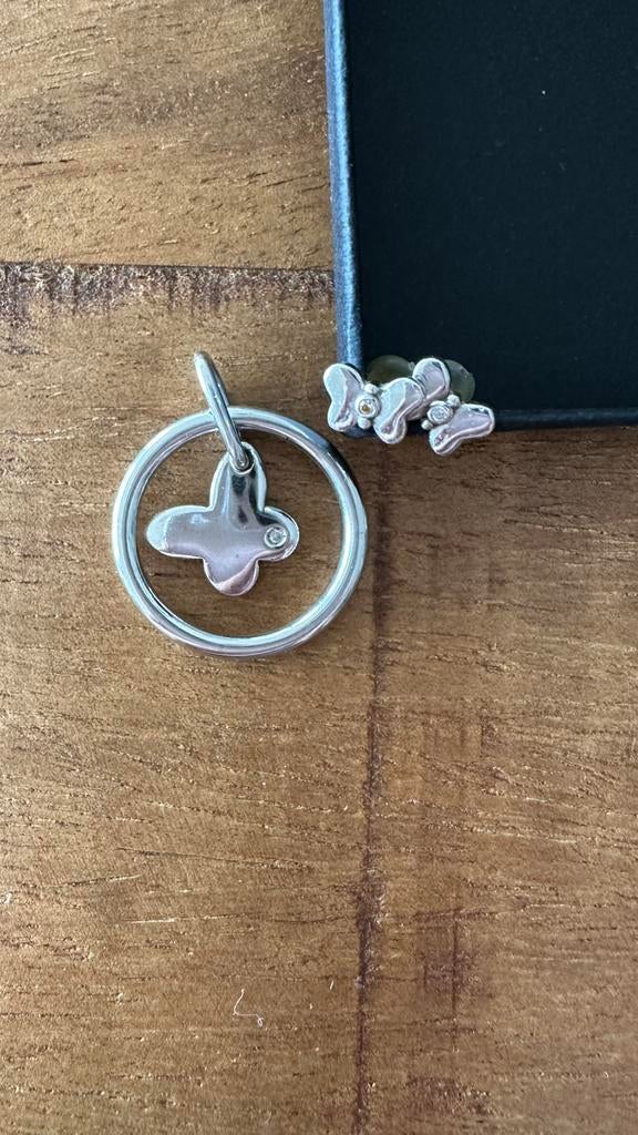 Zinzi zilveren vlinder hanger met diamantje+ oorstekers, Ophalen of Verzenden, Zo goed als nieuw, Zilver, Zilver