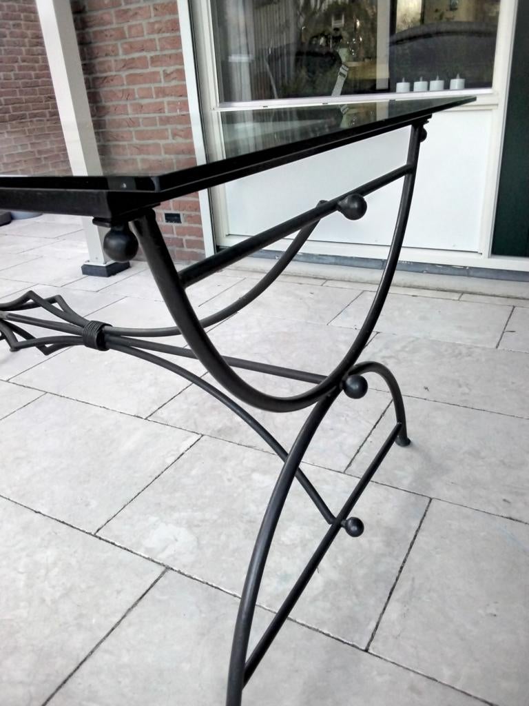 Karakteristieke tuintafel, smeedijzeren onderstel met glas., Tuin en Terras, Tuintafels, Ophalen, Gebruikt, Rechthoekig, Aluminium