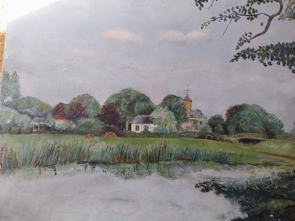Nostalgische gezicht op Warnsveld rond 1937 vanuit Zutphen., Antiek en Kunst, Kunst | Schilderijen | Klassiek, Ophalen of Verzenden