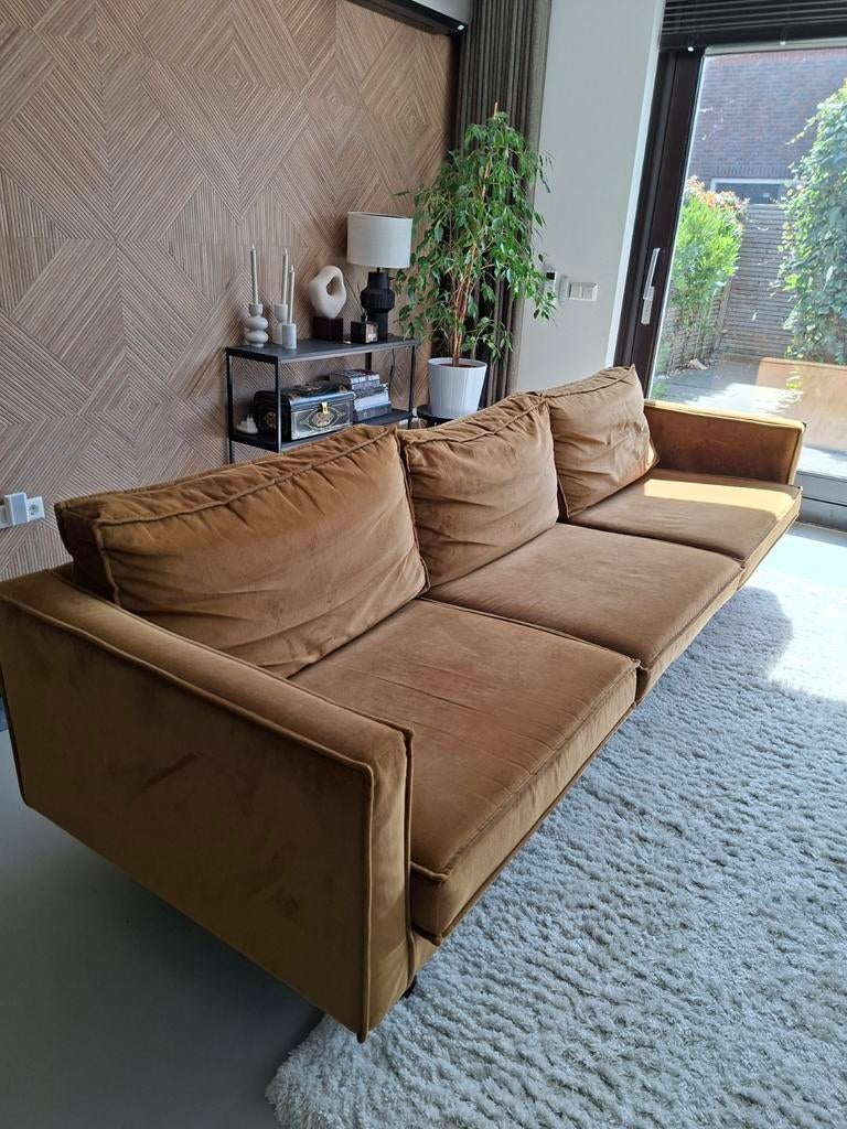 Woood be pure rodeo bank 3-zits, velvet, honinggeel, Ophalen, Gebruikt, 75 tot 100 cm, 200 tot 250 cm