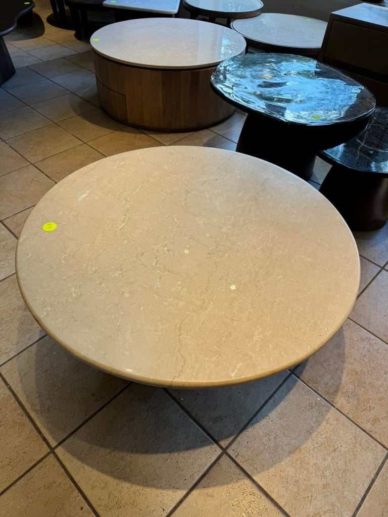 Salontafel travertin met houten mango poot 90x90x38 cm, Ophalen, Japandi, Rond, Nieuw