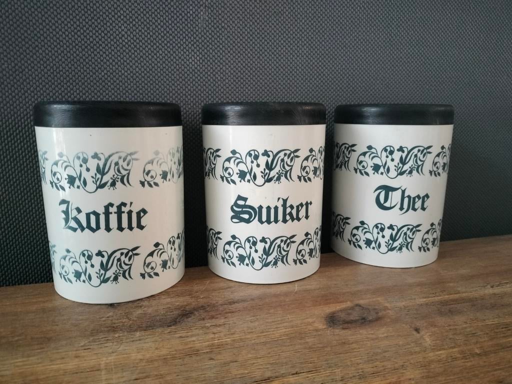 Voorraadpotten koffie suiker thee jaren 70, Voorraadpot, Ophalen of Verzenden, Gebruikt, Kunststof