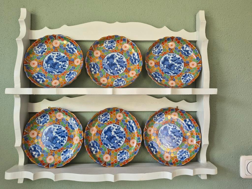 6 Otagiri Imari Export Borden uit 1970 met Bordenrek, Ophalen of Verzenden