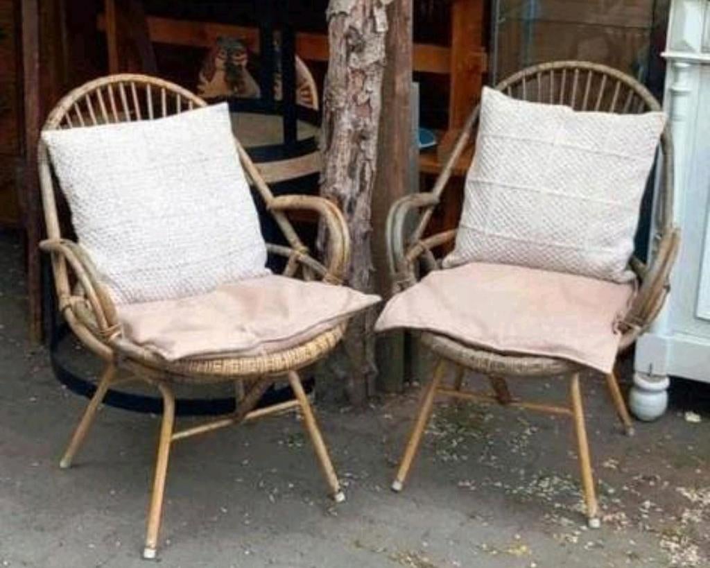 Retro rotan stoel met kussens, Gebruikt, Bruin, Eén, Retro, Vintage