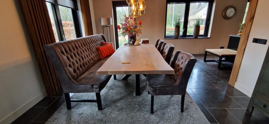 Eetkamerbank met 3 stoelen, Huis en Inrichting, Stoelen, Ophalen of Verzenden, Gebruikt, Bruin, Vijf, Zes of meer stoelen