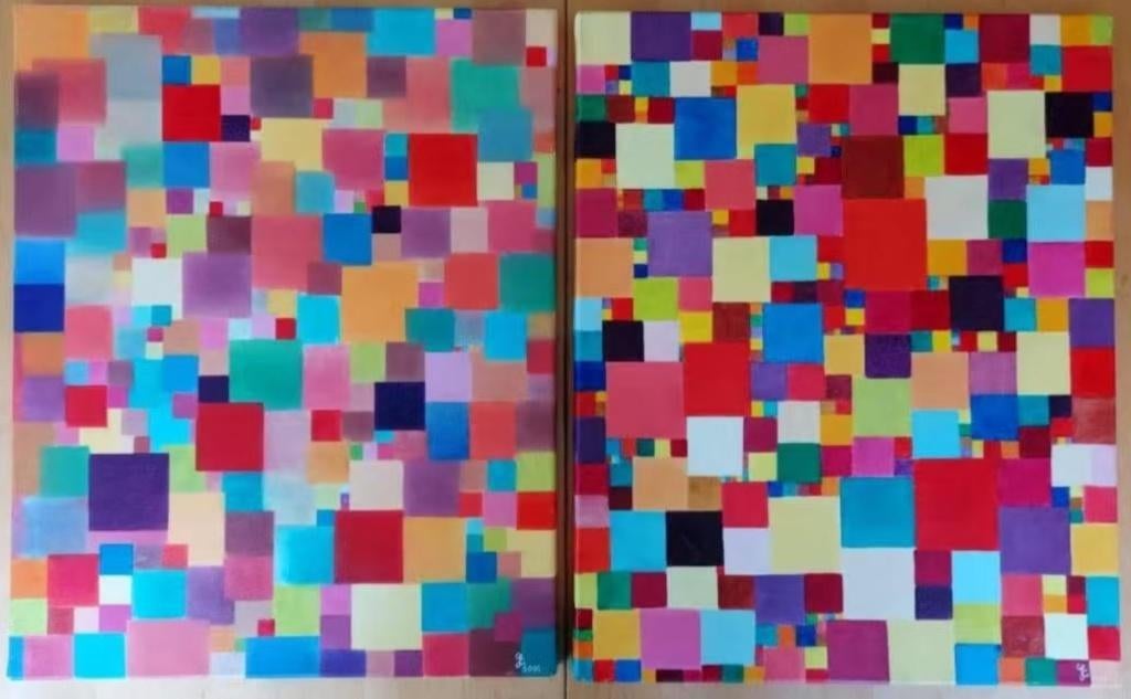 Olieverf op doek, tweeluik, elk 40x50 cm, "Orde in Chaos", Ophalen of Verzenden