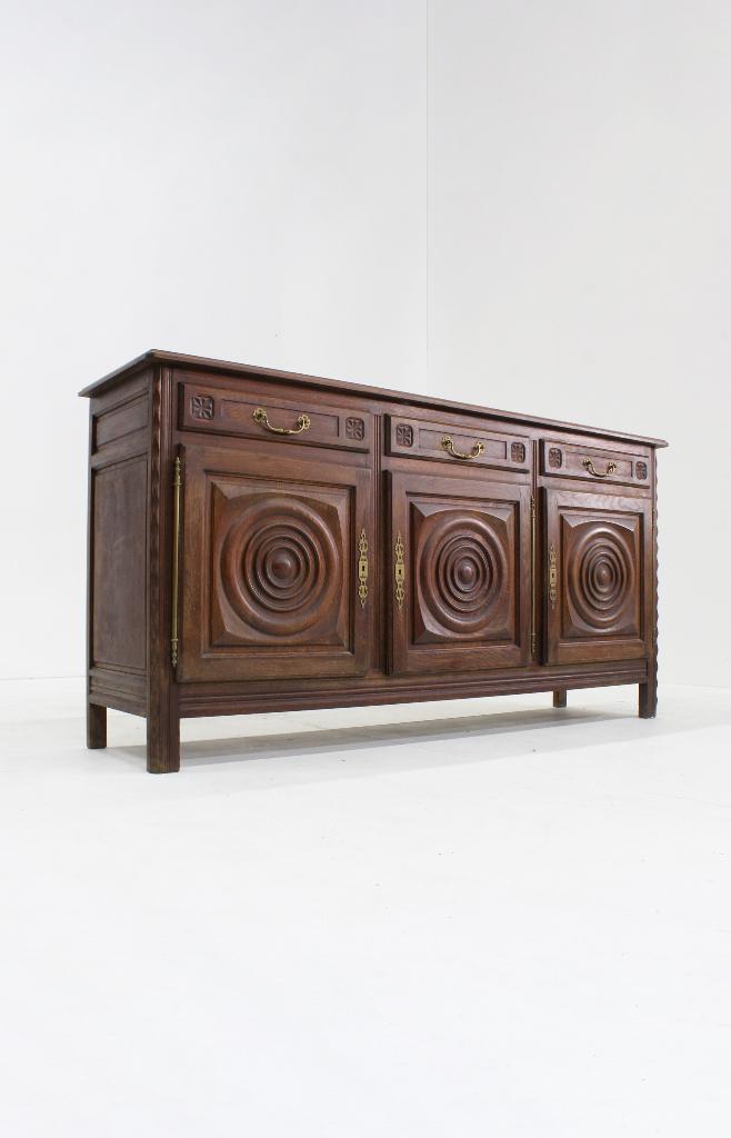 Vintage brutalist dressoir Dudouyt jaren 50, Met deur(en), 150 tot 200 cm, Eikenhout, Ophalen of Verzenden