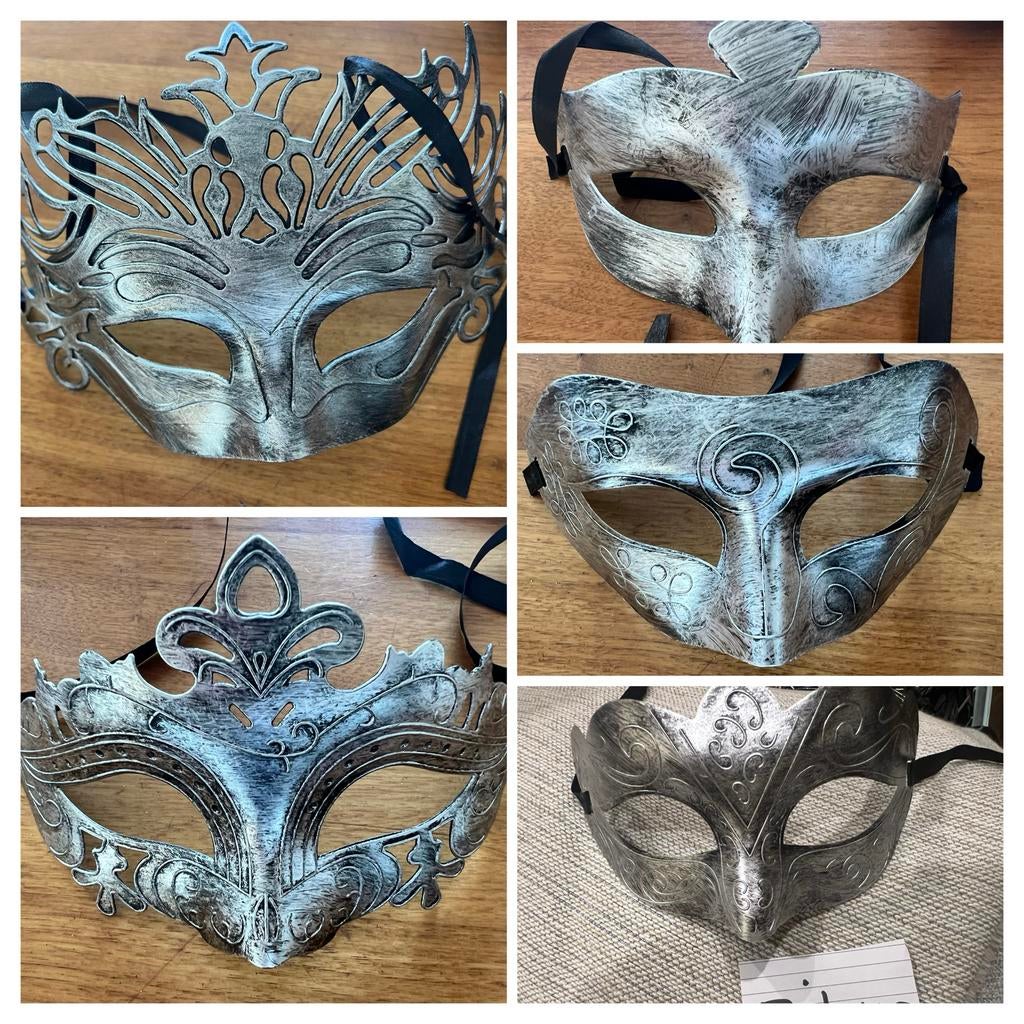 Set van 5 Venetiaanse maskers, zilverkleurig, Verzenden, Nieuw, Feestartikel, Overige