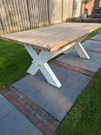 Robuuste teak houten tuintafel met wit onderstel, Tuin en Terras, Tuintafels, Ophalen, Gebruikt, Rechthoekig, Hout