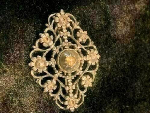 1001 Antieke Bewerkte zilveren broche met Roos diamant, Sieraden, Tassen en Uiterlijk, Antieke sieraden, Broche, Zilver, Met edelsteen
