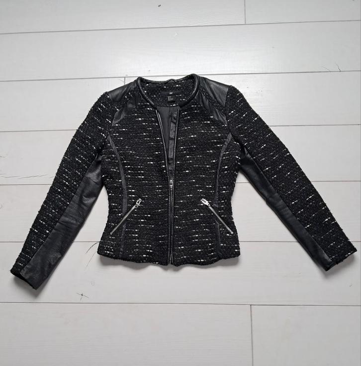 Jasje tweed en kunstleer zwart maat S / 36, Kleding | Dames, Jasjes, Kostuums en Pakken, Zo goed als nieuw, Jasje, Maat 36 (S)