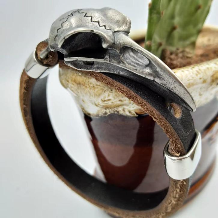 Bruine Odin Leren Heren Armband / Viking Schedel Raaf, Sieraden, Tassen en Uiterlijk, Armbanden, Nieuw, Leer, Bruin, Verzenden