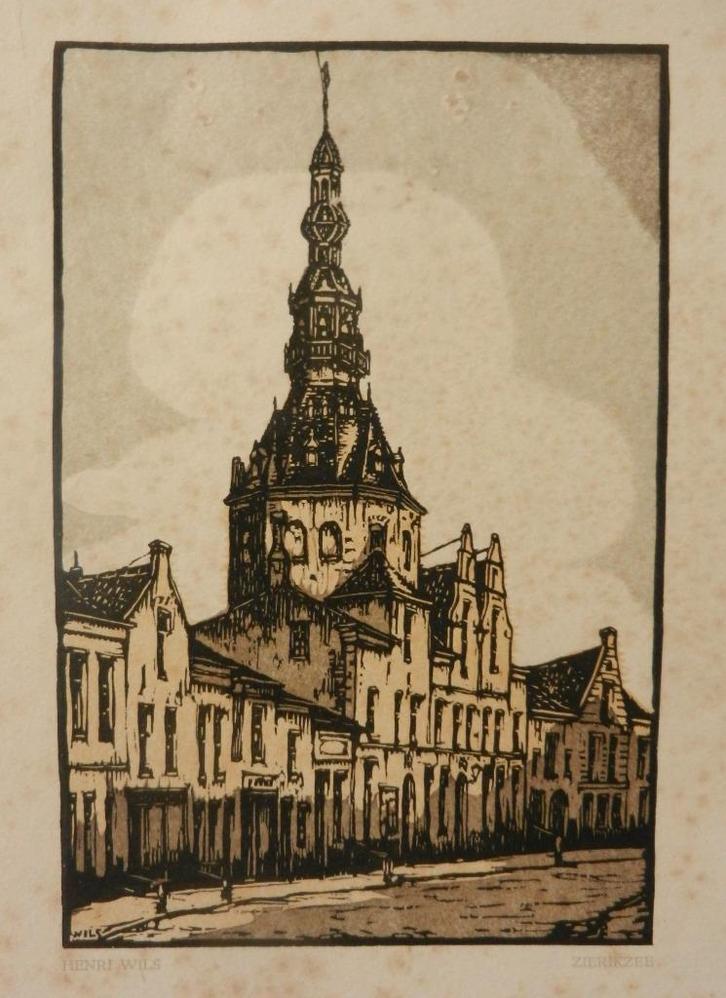 Houtsnede Stadhuis Zierikzee Henri Wils (1892-1967) 18x12 cm, Antiek en Kunst, Kunst | Etsen en Gravures, Ophalen of Verzenden