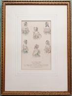 Antieke modeprent in lijst - hoedjes of mutsen., Antiek en Kunst, Ophalen of Verzenden