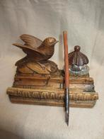 Antiek inktpotje bakje met vogeltje en glazen bakje en pen, Ophalen of Verzenden