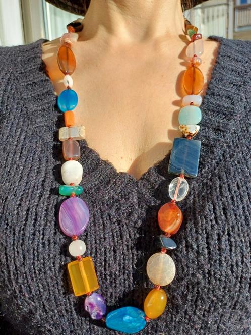 Vanoli lange collier / ketting met agaat en halfedelstenen, Sieraden, Tassen en Uiterlijk, Kettingen, Nieuw, Steen of Mineraal