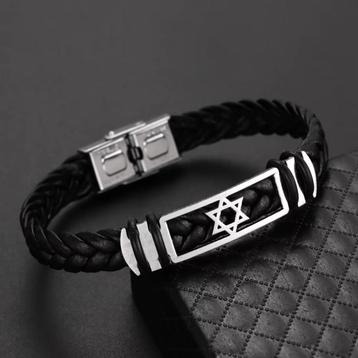 Zwarte Leren Geweven Davidster Heren Armband beschikbaar voor biedingen