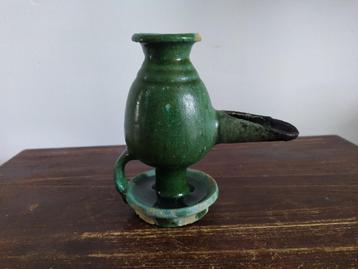 Antieke Perzische aardewerk olielamp met olijfgroen glazuur beschikbaar voor biedingen