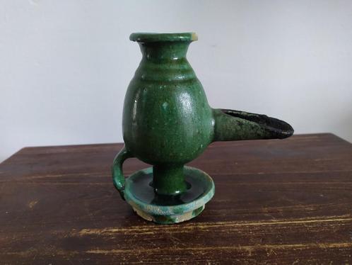 Antieke Perzische aardewerk olielamp met olijfgroen glazuur, Antiek en Kunst, Antiek | Lampen, Ophalen of Verzenden