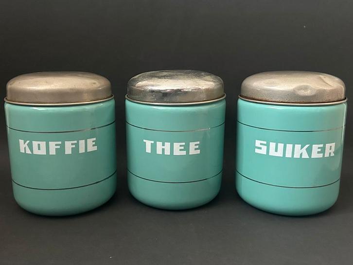Mint Groene Koffie, Thee & Suiker Voorraadbussen, Antiek en Kunst, Antiek | Emaille, Ophalen of Verzenden