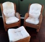 2 rotan stoelen en hocker met kussens, Huis en Inrichting, Fauteuils, Ophalen, Gebruikt