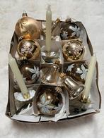 Vintage kerstballen licht goud klokjes krebs kaarsen knijper, Ophalen of Verzenden, Gebruikt