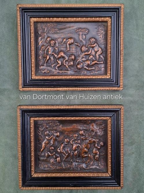 Paar reliëfjes van koper putto putti, 19e eeuw., Antiek en Kunst, Antiek | Koper en Brons, Koper, Ophalen