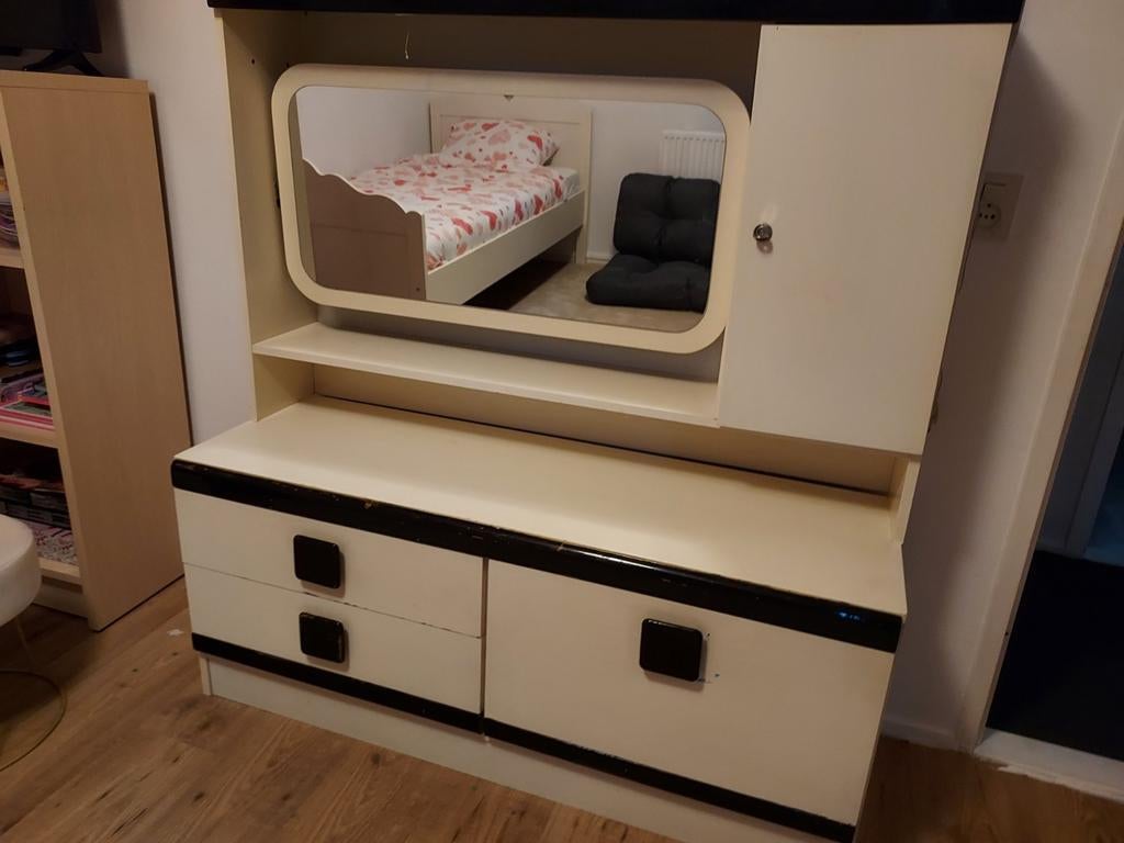 Vintage Kaptafel met Spiegel en Lades, Gebruikt, 100 tot 150 cm, Vintage, Ophalen of Verzenden
