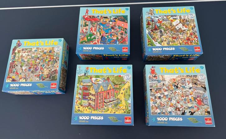 Set van 5x Thats life drukke puzzel 1000 stukjes goliath, Hobby en Vrije tijd, Denksport en Puzzels, Gebruikt, Legpuzzel, 500 t/m 1500 stukjes