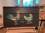 Schilderij Haan en Kip op Houten Paneel, Ophalen of Verzenden