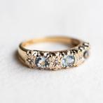 Vintage 9K goud ring met Aquamarijn & Diamant - Maat 15,75, Ophalen of Verzenden, Met edelsteen, Dame, Goud