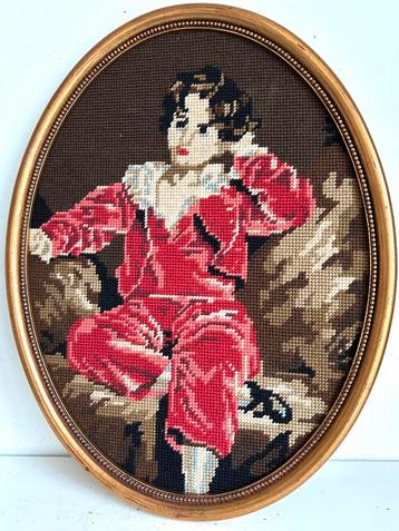 Vintage geborduurd schilderij Red Boy gouden lijst 43 x 33  beschikbaar voor biedingen