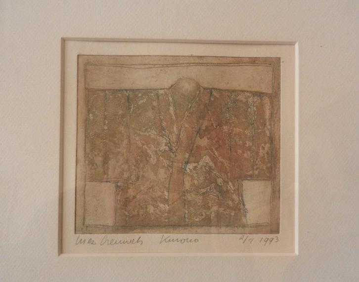 Ets Titel Kimono door Inez Creuwels 1993 hxb: 12,7 x 14,7 cm, Antiek en Kunst, Kunst | Etsen en Gravures, Ophalen of Verzenden