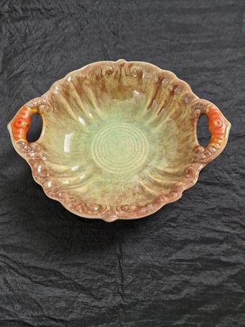 Vintage schaal met oortjes, bruin oranje groen, 27cm beschikbaar voor biedingen
