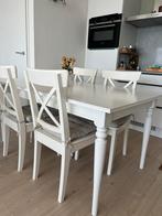 Table and 4 chairs, Ikea, white, 155/215 cm, Huis en Inrichting, Ophalen of Verzenden, Zo goed als nieuw
