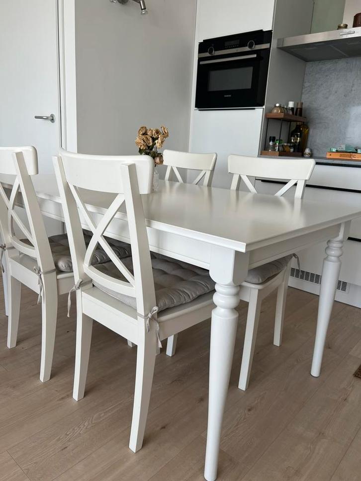 Table and 4 chairs, Ikea, white, 155/215 cm, Huis en Inrichting, Complete eetkamers, Zo goed als nieuw, Ophalen of Verzenden