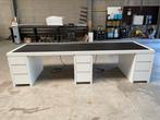 Eiken met leren werkblad bureau  300x100x77 cm, Ophalen, Gebruikt