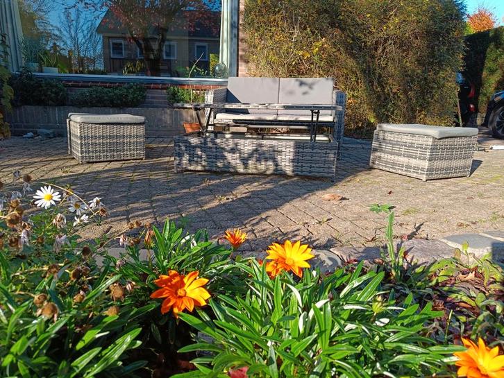 Complete tuinset: bankje, tafeltje, 2 krukjes, Tuin en Terras, Tuinsets en Loungesets, Gebruikt, Tuinset, Wicker, 4 zitplaatsen