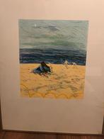 Zeefdruk Marian Plug, Strandtafereel met tent en figuren, Ophalen of Verzenden