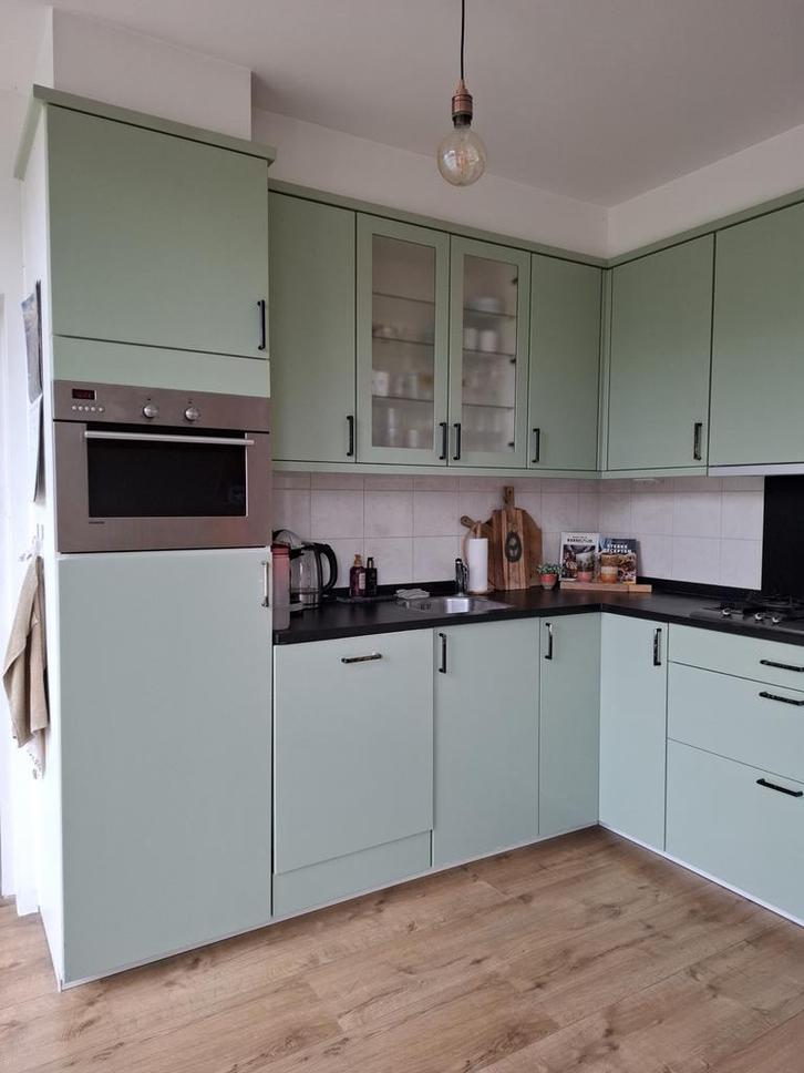 Hoekkeuken met apparatuur, Huis en Inrichting, Keuken | Complete keukens, Gebruikt, Hoekkeuken, Groen, Kunststof, Ophalen