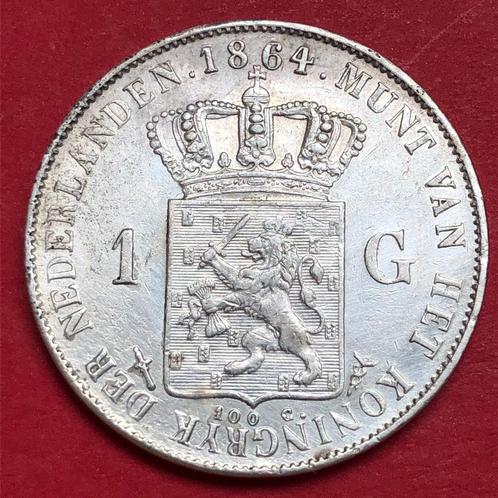 Gulden 1864. Zfr/Pr., Postzegels en Munten, Munten | Nederland, Losse munt, 1 gulden, Koning Willem III, Zilver, Ophalen of Verzenden