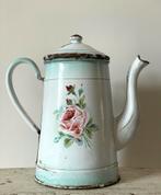 Emaille oude Franse koffiepot met roze roos en viooltjes, Antiek en Kunst, Antiek | Emaille, Ophalen of Verzenden