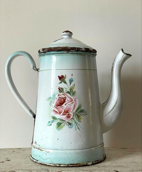 Emaille oude Franse koffiepot met roze roos en viooltjes, Antiek en Kunst, Antiek | Emaille, Ophalen of Verzenden