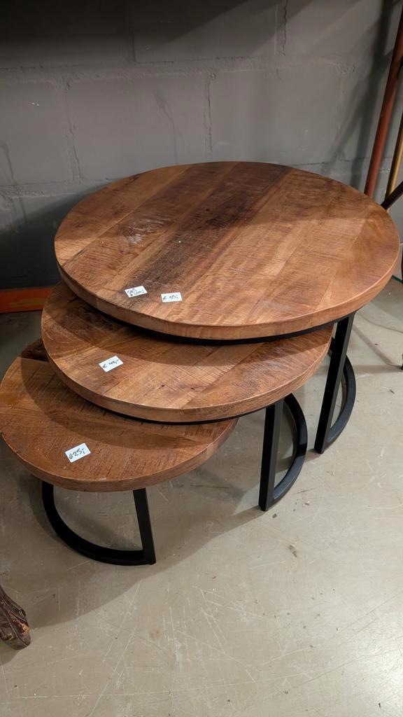 3 Ronde Salontafels Mangohout/Staal, Huis en Inrichting, Tafels | Sidetables, Zo goed als nieuw, Rond, Overige houtsoorten, Ophalen of Verzenden
