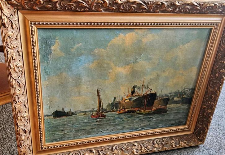 ROTTERDAMS MAASHAVENGEZICHT JAREN 60 OLIEVERF OP DOEK 75X55, Antiek en Kunst, Kunst | Schilderijen | Klassiek, Ophalen