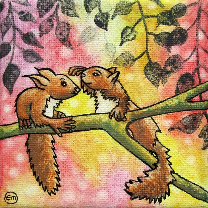 Handgeschilderde twee schattige eekhoorntjes op een tak, Antiek en Kunst, Kunst | Schilderijen | Modern, Ophalen of Verzenden