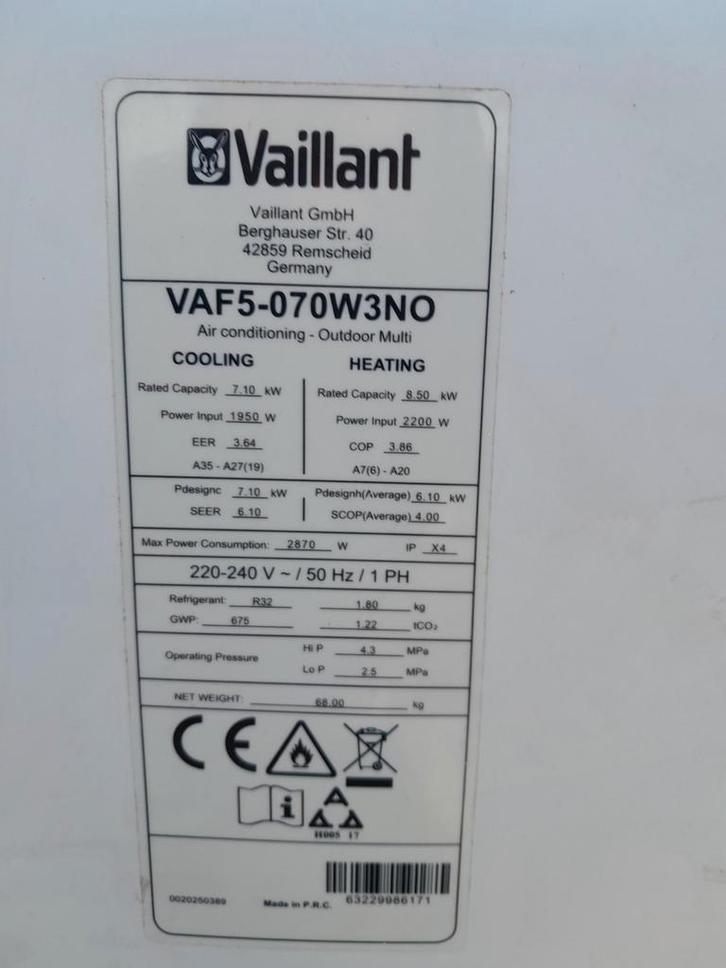 Vaillant Airco VAF5-070W3NO - Krachtige Koeling, Witgoed en Apparatuur, Airco's, Gebruikt, Wandairco, 100 m³ of groter, 3 snelheden of meer