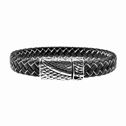 Zwart-Zilverkleur Gevlochten Leren Armband Heren RVSsluiting, Sieraden, Tassen en Uiterlijk, Armbanden, Nieuw, Staal, Zwart, Verzenden