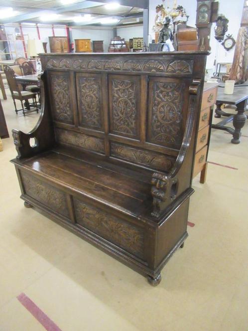 Oer 11469 brede ANTIEKE klepbank met snijwerk, Antiek en Kunst, Antiek | Meubels | Stoelen en Banken, Ophalen